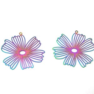 Jewelry Supplies -  2 Flower Rainbow Metal Charm  Pendant -   Set/2    - 36mm   (N17B)