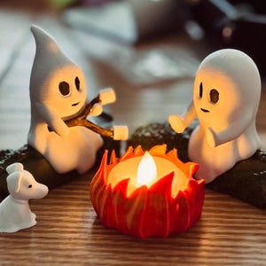 Ghost Campfire Gathering | Spooky Halloween Decor | Cute Ghost Figurine Set | Campfire Display | Haunted Ghost Scene | Ghost adventures