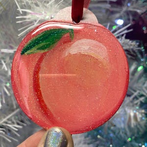 Sugared Peach Wood Wall Art - Hand-painted Glitter Acrylic Resin Handmade - Wood Fruit Art - Texas Food Whimsical Christmas Ornament
