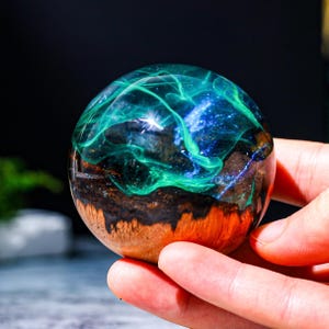 Aurora Borealis Paperweight, Wood Resin Sphere, Alaska Decor, Northern Lights Paperweight Decor, Resin Wood Globe, Northern Lights Gift